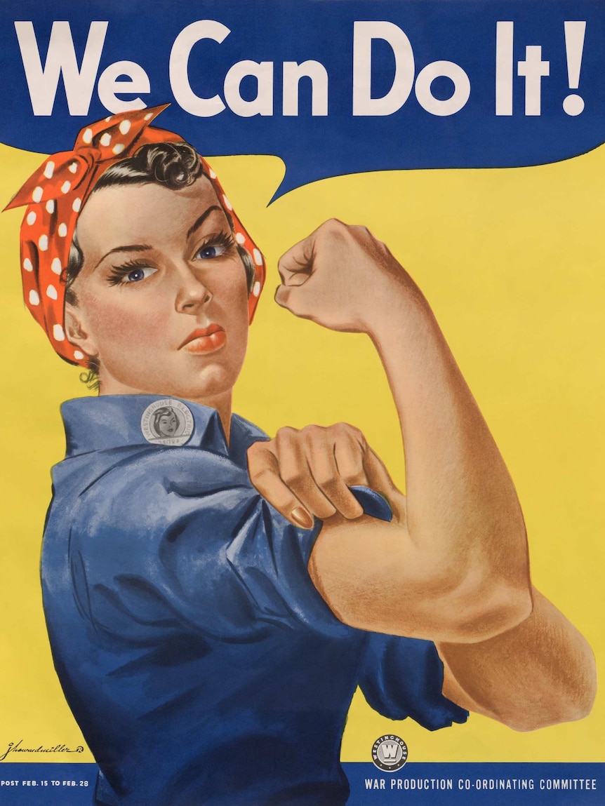 Painting of a woman in work overalls flexing her muscles