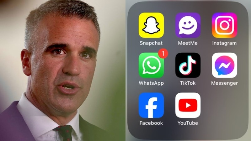 man with straight face in suit and tie and social media app icons on a phone screen