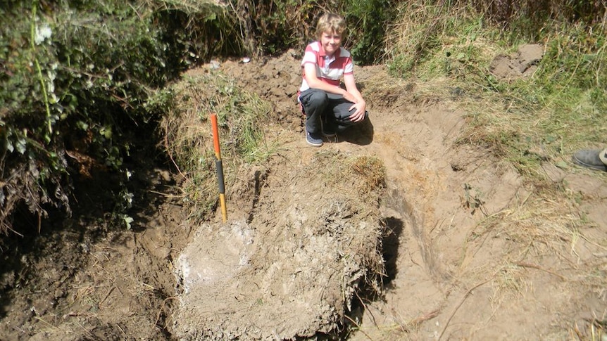 Jordan Waddingham with the giant wasp nest he discovered at Karoola, north east of Launceston Tasmania.