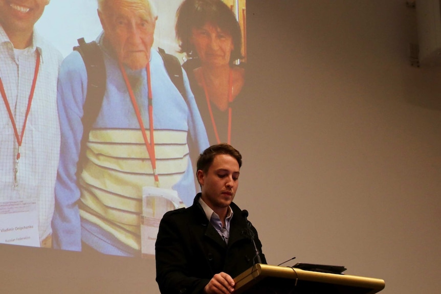 Graham Goodall speaks at his grandfather's memorial