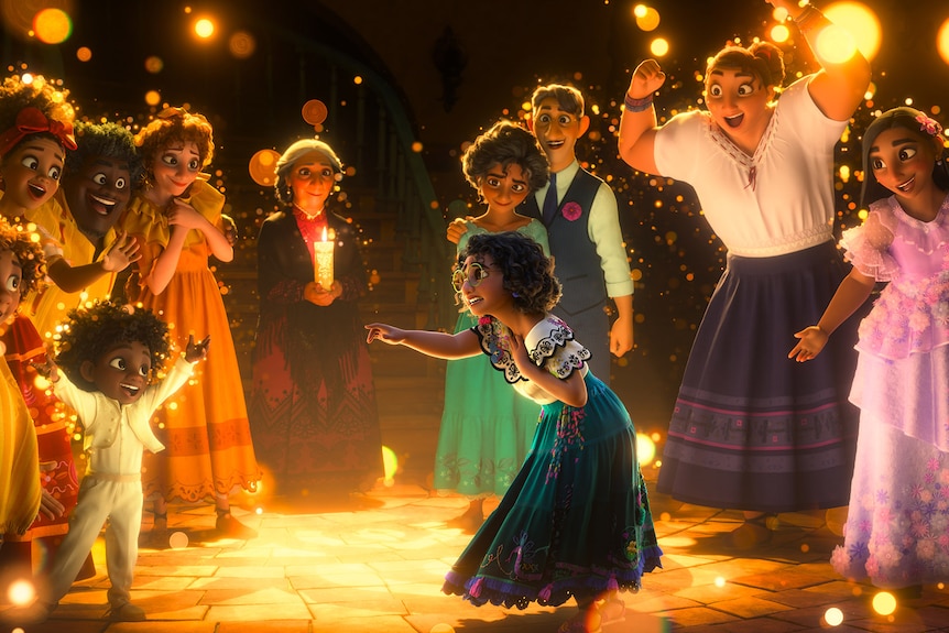 Animated young Latina wears glasses, white blouse and teal skirt in centre of colour-flooded room with family cheering her on.