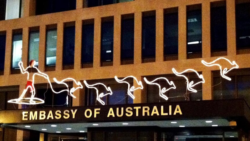Australian Embassy in Washington, DC, lit up for Christmas..