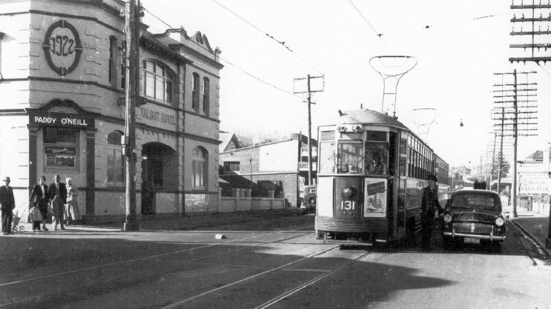 The Talbot Hotel with a tram in front