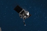 An artist's depiction of a space probe descending from a dark sky to the uneven grey surface of an asteroid