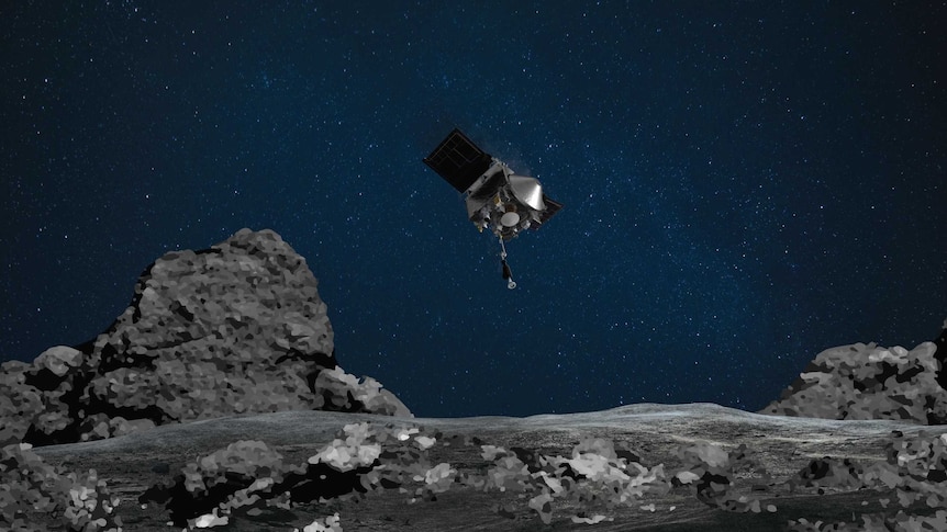 An artist's depiction of a space probe descending from a dark sky to the uneven grey surface of an asteroid