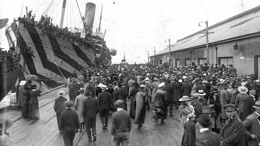 Crowds welcoming troops coming home at Outer Harbor in 1919.