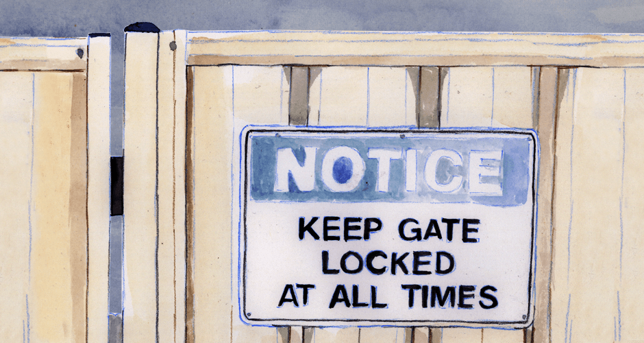A sign on the gate of the Chisolm refuge reads: Notice, keep gate locked at all times.