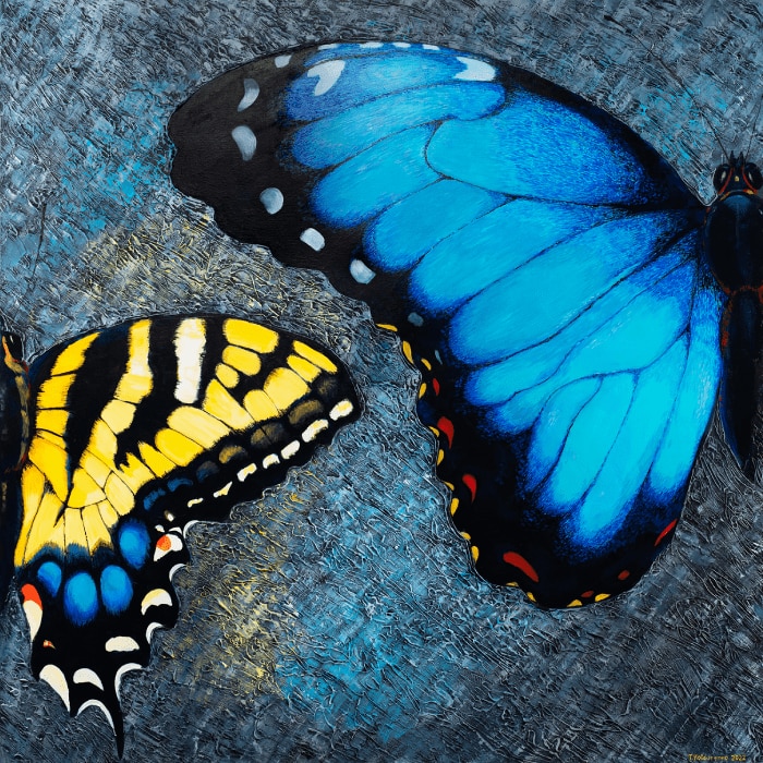 Artwork of a yellow and blue butterfly.