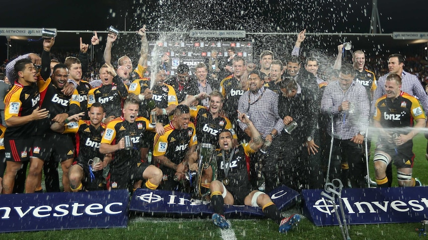 Chiefs celebrate their super rugby win over the Brumbies
