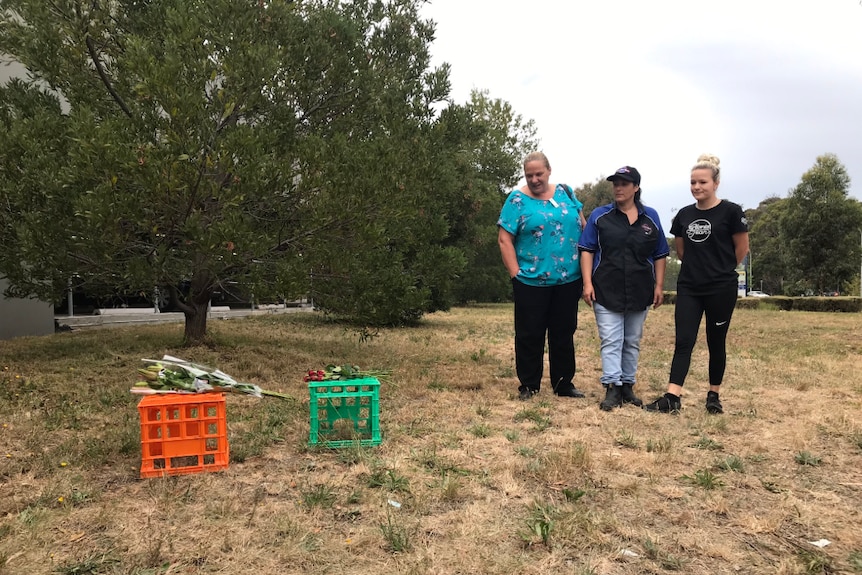 Three women look at a bunch of tulips and a bunch of roses sitting on milk crates on grassland.