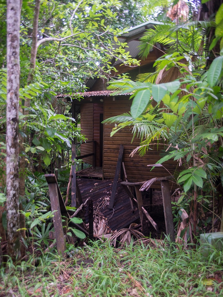 A collapsed timber walkway leading to one of the resort's cabins.