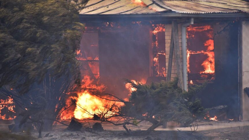 Flames engulf a house