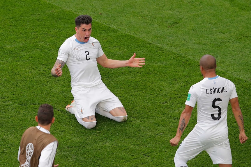 Jose Maria Gimenez celebrates his goal against Egypt