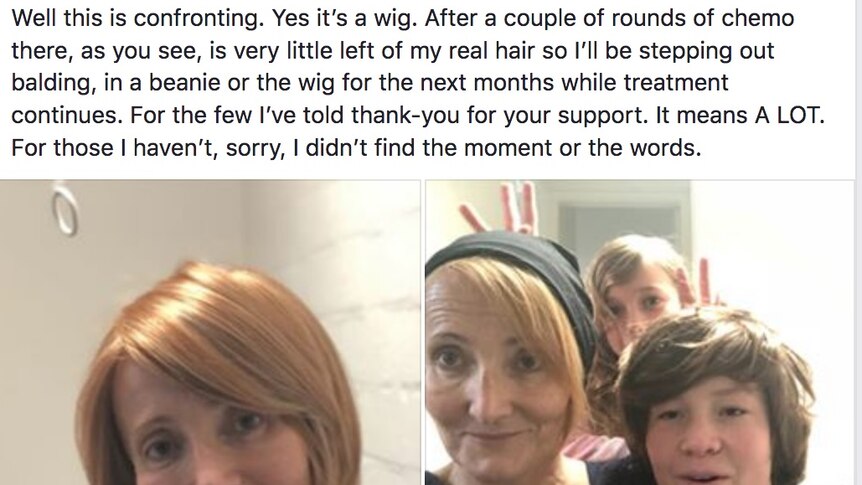 Barbara's facebook post with pictures of her in a wig and beanie with her kids