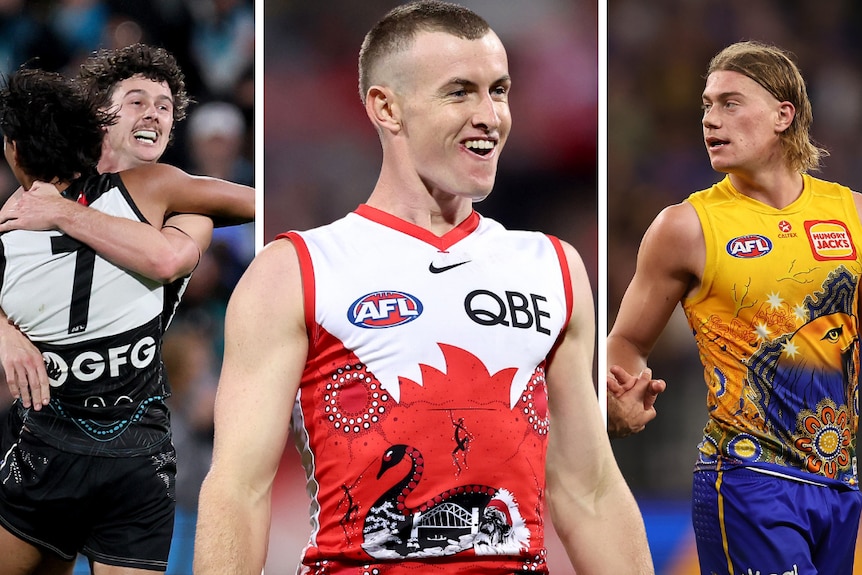 A composite image of AFL players in black-and-white, red-and-white and yellow-and-blue jerseys.
