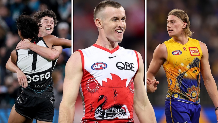 A composite image of AFL players in black-and-white, red-and-white and yellow-and-blue jerseys.