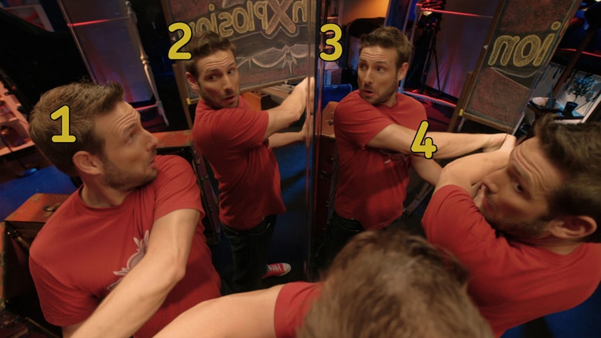 Man looks at multiple reflections of himself in mirrors, numbers superimposed 1, 2, 3, 4