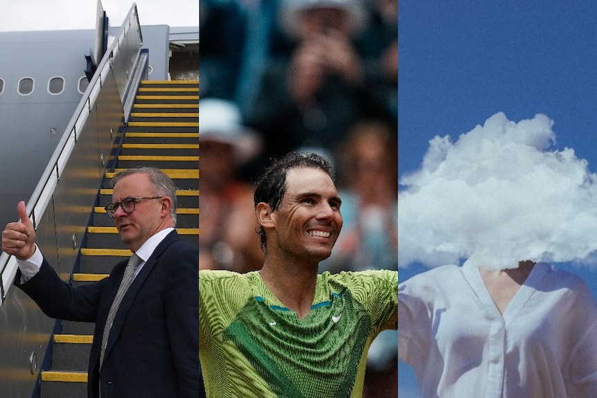 Composite image of anthony albanese giving thumbs up, rafael nadal smiling, person with superimposed cloud over their head
