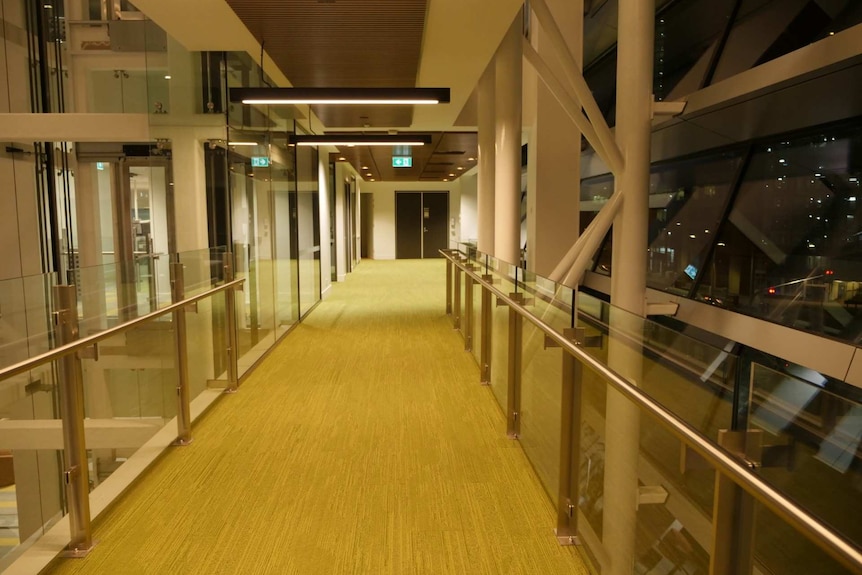 A long hallway with green carpet leading to two large black doors