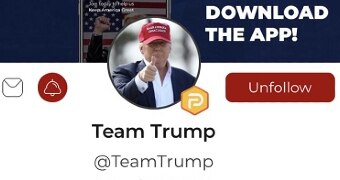 Donald Trump's picture on his Parler profile, with the words "Download the app"