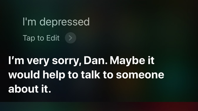 A screenshot showing Siri saying it would be helpful to talk about depression, but doesn't recommend anyone.