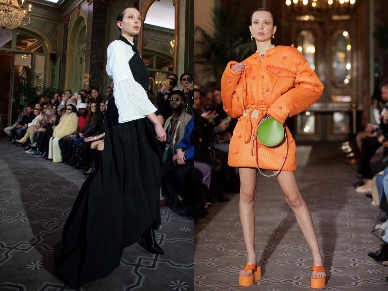 A composite image of a woman wearing a black dress and an orange dress and holding a green handbag
