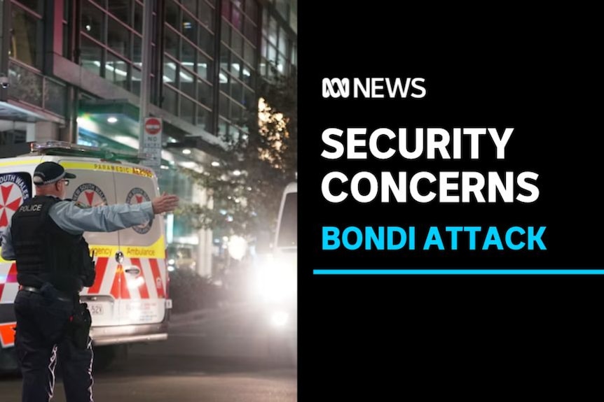 Security Concerns, Bondi Attack: A police officer directs traffic in front of ambulances.