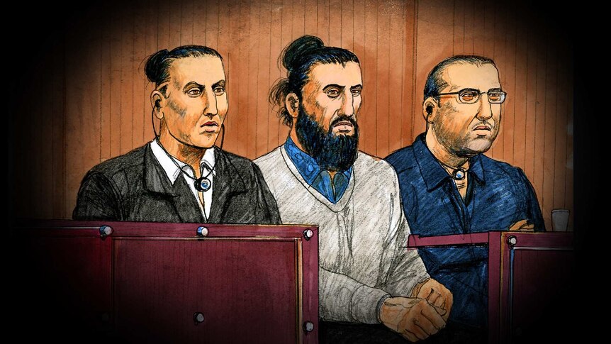 Court sketch of the three men sitting side by side.