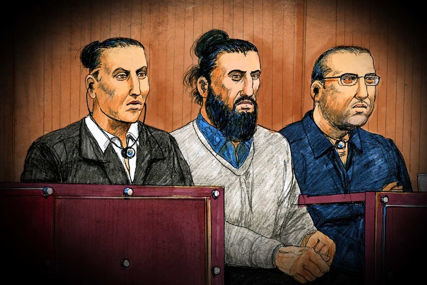 A court drawing of three men.