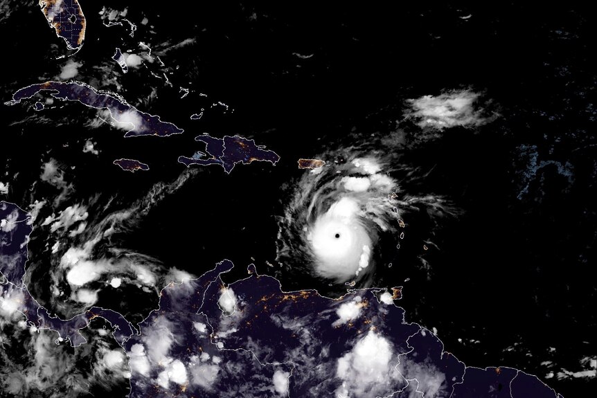 Satellite image of a tropical storm approaching the Caribbean.