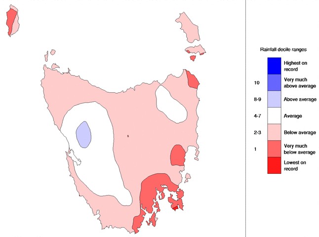 Map of the rainfall range in Tasmania over the 12 months to February 2024 showing below average falls in the south-east..