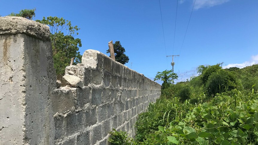 A concrete wall build in tropical greenery, which surrounds the Rainbow City site. The brickwork appears sloppy and crumbly.