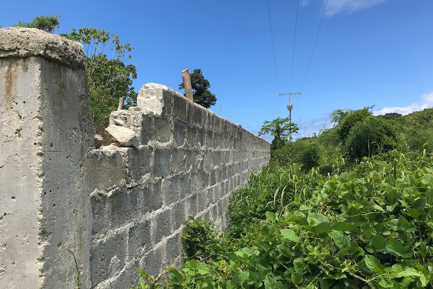 A concrete wall build in tropical greenery, which surrounds the Rainbow City site. The brickwork appears sloppy and crumbly.