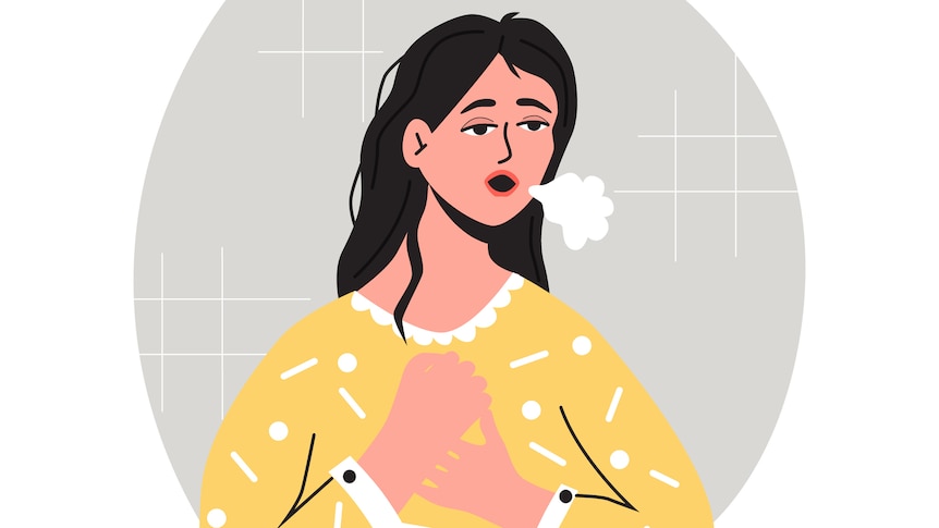 An illustration of a woman with breathing problems and heart palpitations