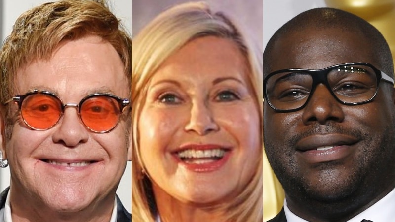 Left to right: Sir Elton John, Olivia Newton-John and Steve McQueen