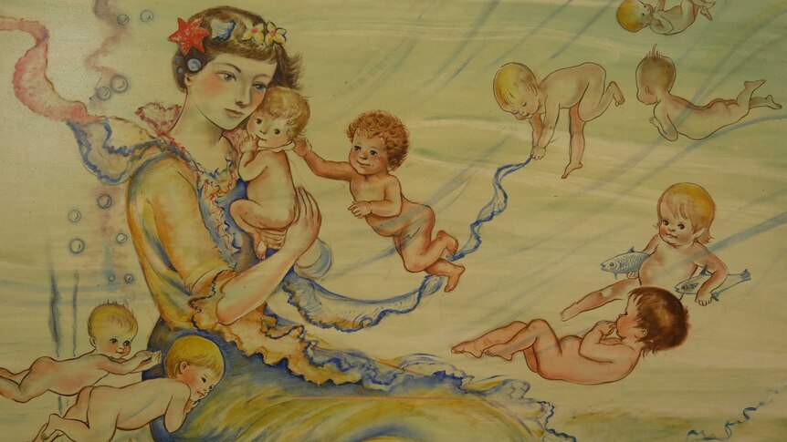 A Pixie O'Harris painting depicting a lady in the water, with water babies.