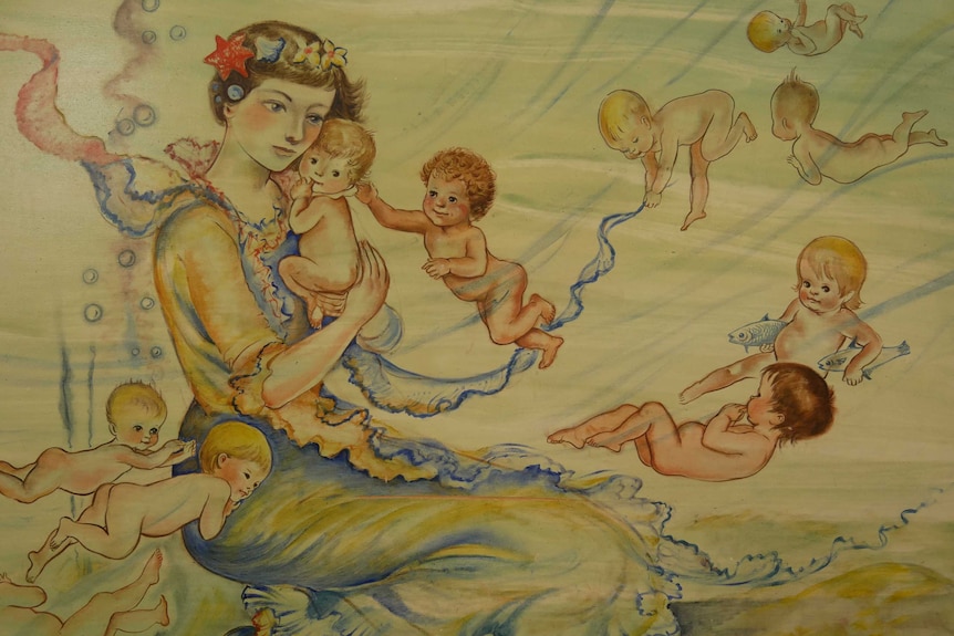 A Pixie O'Harris painting depicting a lady in the water, with water babies.