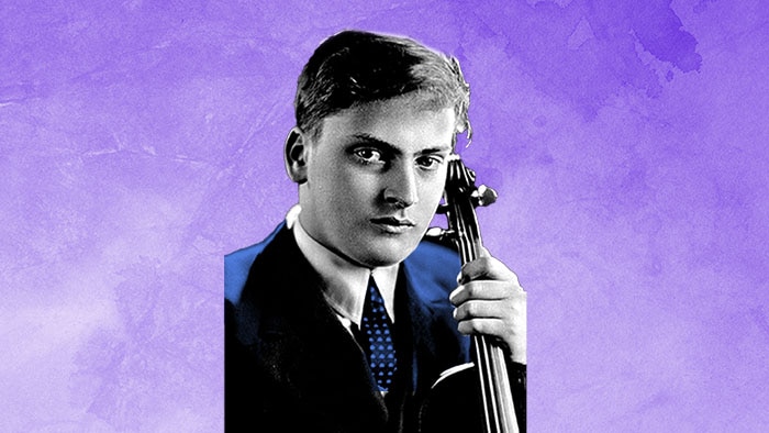 A black-and-white photo of a young Yehudi Menuhin, holding a violin, with dark blue highlights on a purple background.