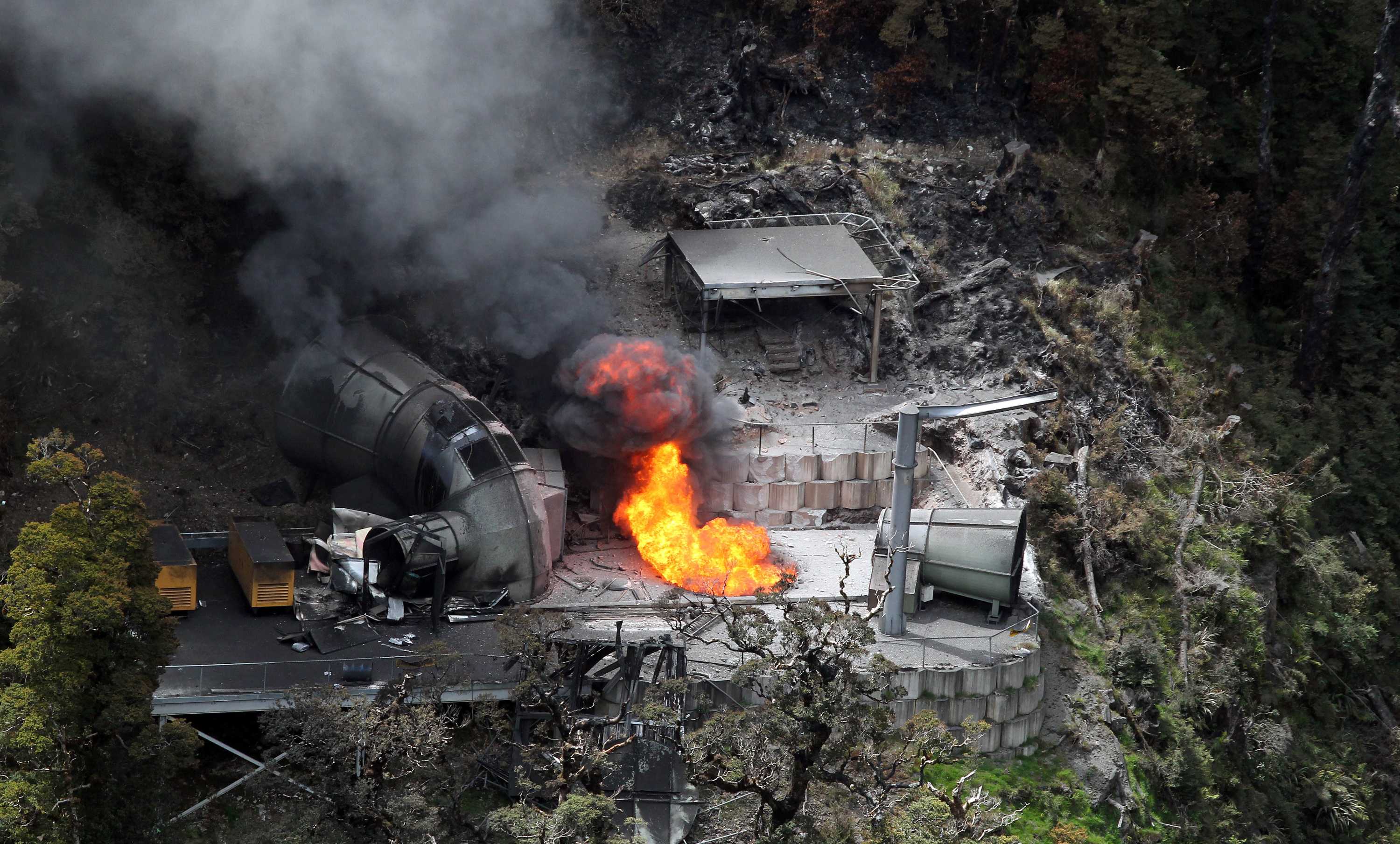 Flames burn from a ventilation shaft above Pike River mine in 2010.