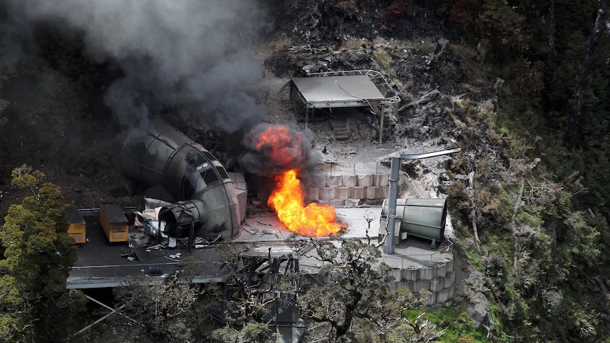 Flames burn from a ventilation shaft above Pike River mine in 2010.