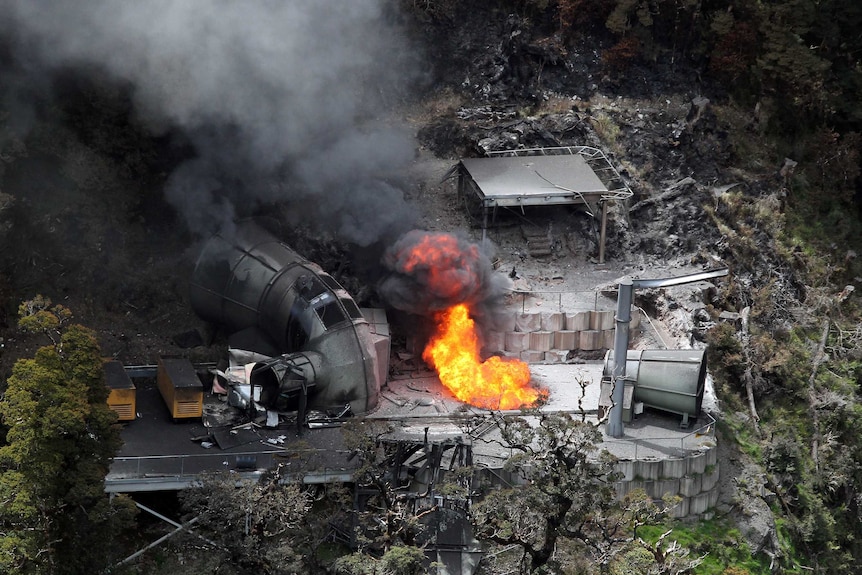 Flames burn from a ventilation shaft above Pike River mine in 2010.