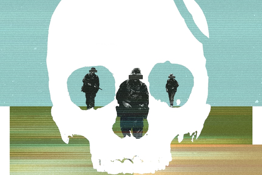 A graphic of three anonymous soldiers walking. In front of them is an illustration of a large fractured skull.