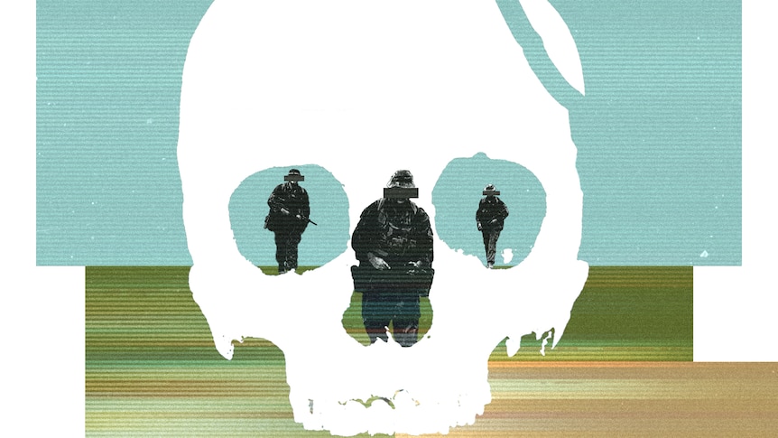 A graphic of three anonymous soldiers walking. In front of them is an illustration of a large fractured skull.