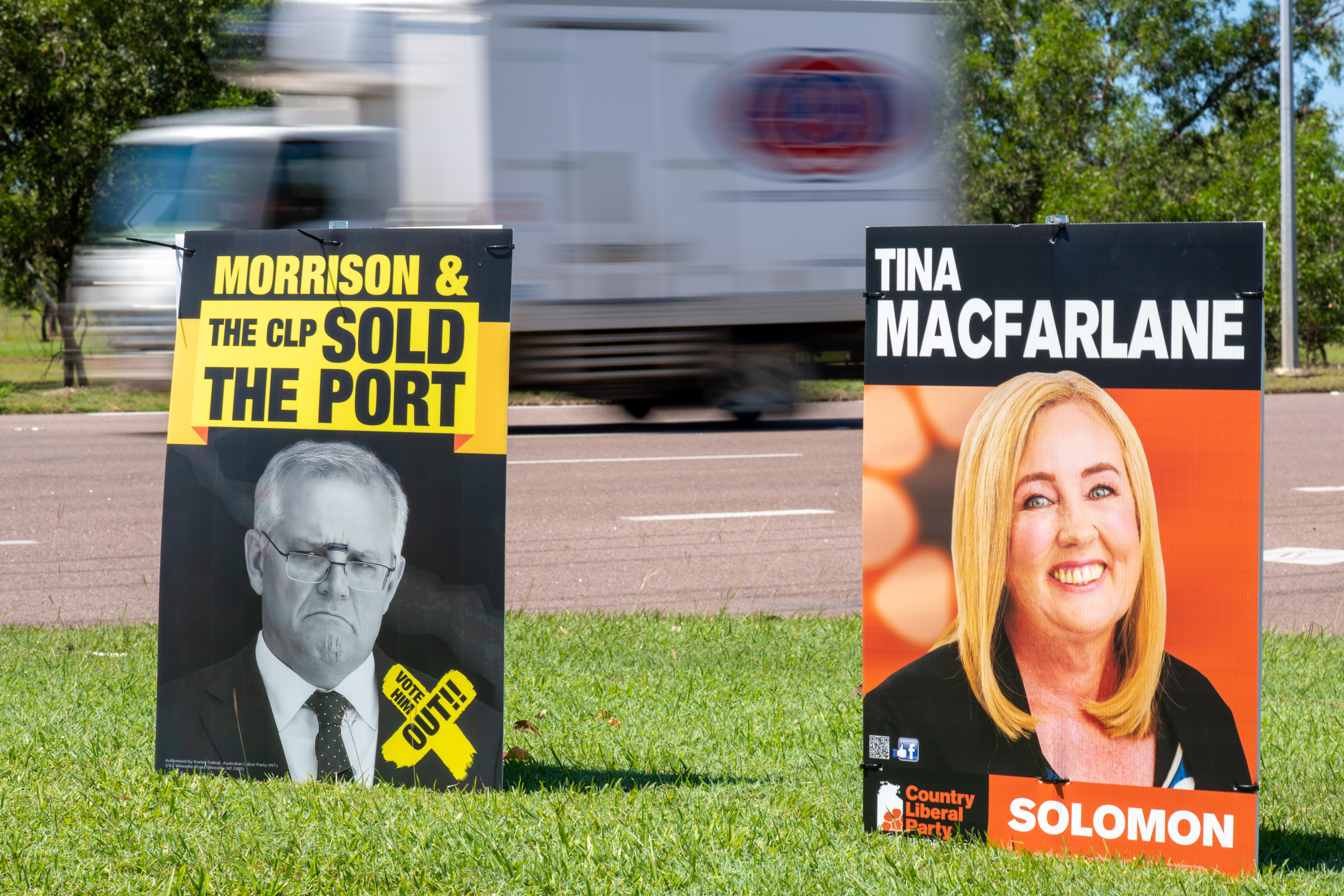 Corflutes of Scott Morrison and Tina MacFarlane in Darwin.