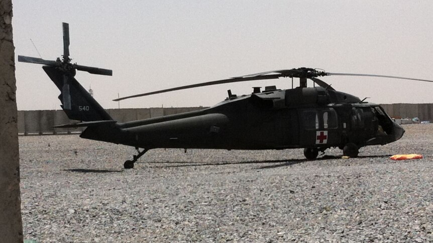 A Black Hawk helicopter conducts a medical evacuation in Afghanistan.