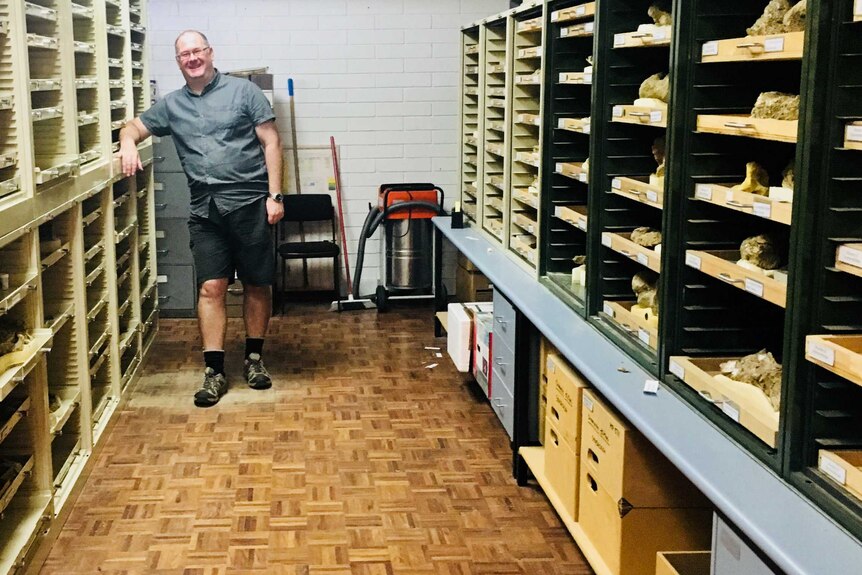 Dr Adam Yates, senior curator of Earth Sciences at the Museum and Art Gallery of the Northern Territory, in the palaeontology laboratory in Central Australia.