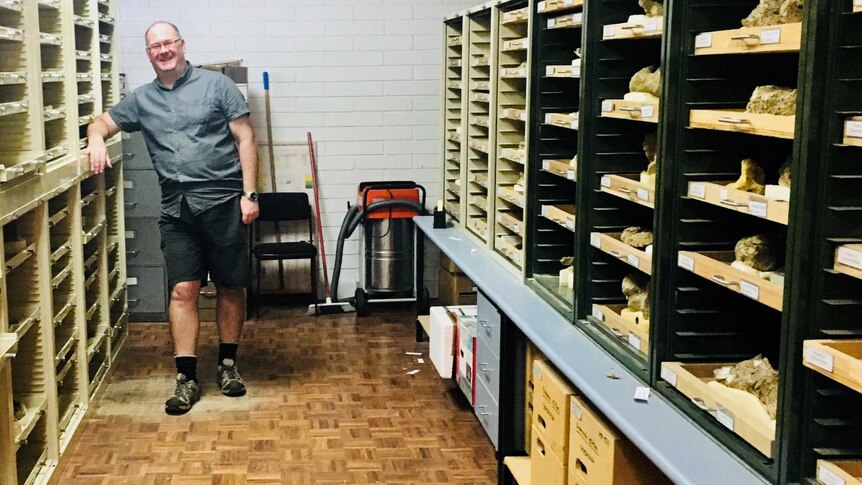 Dr Adam Yates, senior curator of Earth Sciences at the Museum and Art Gallery of the Northern Territory, in the palaeontology laboratory in Central Australia.
