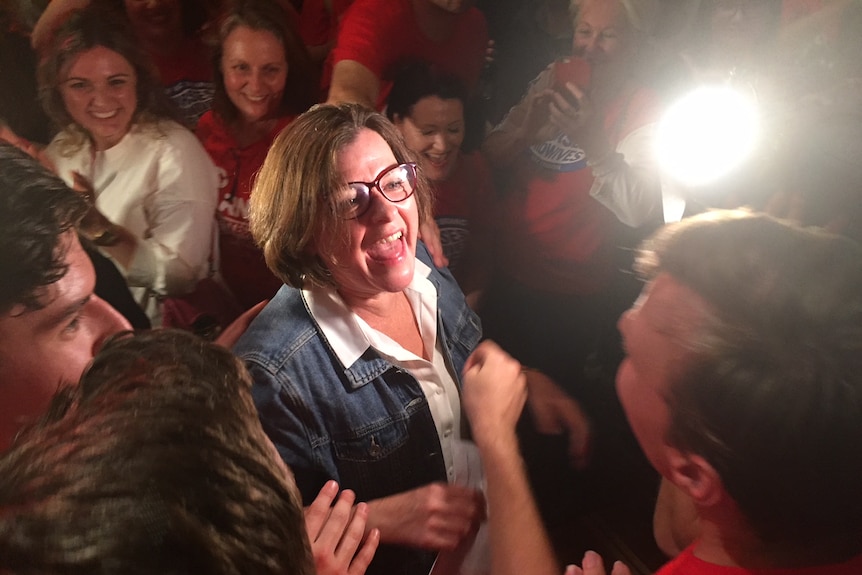 Ged Kearney celebrates with Labor supporters after the Batman by-election.