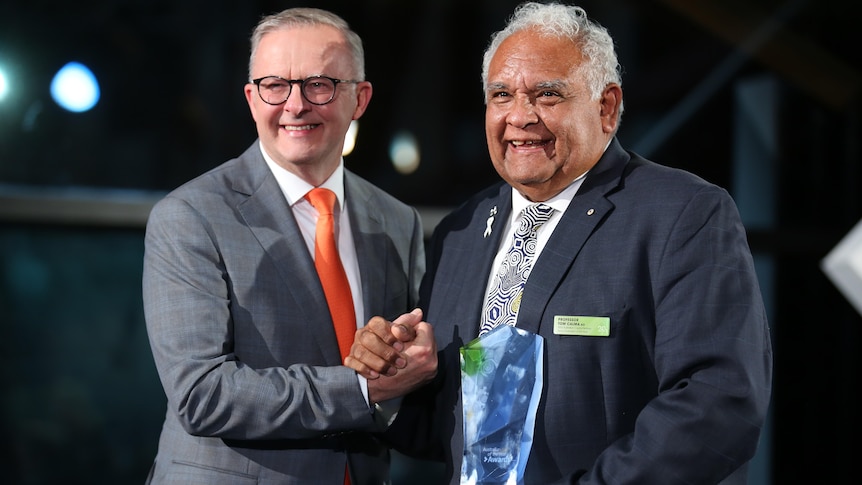 An older man stands at a podium accepting an award. 