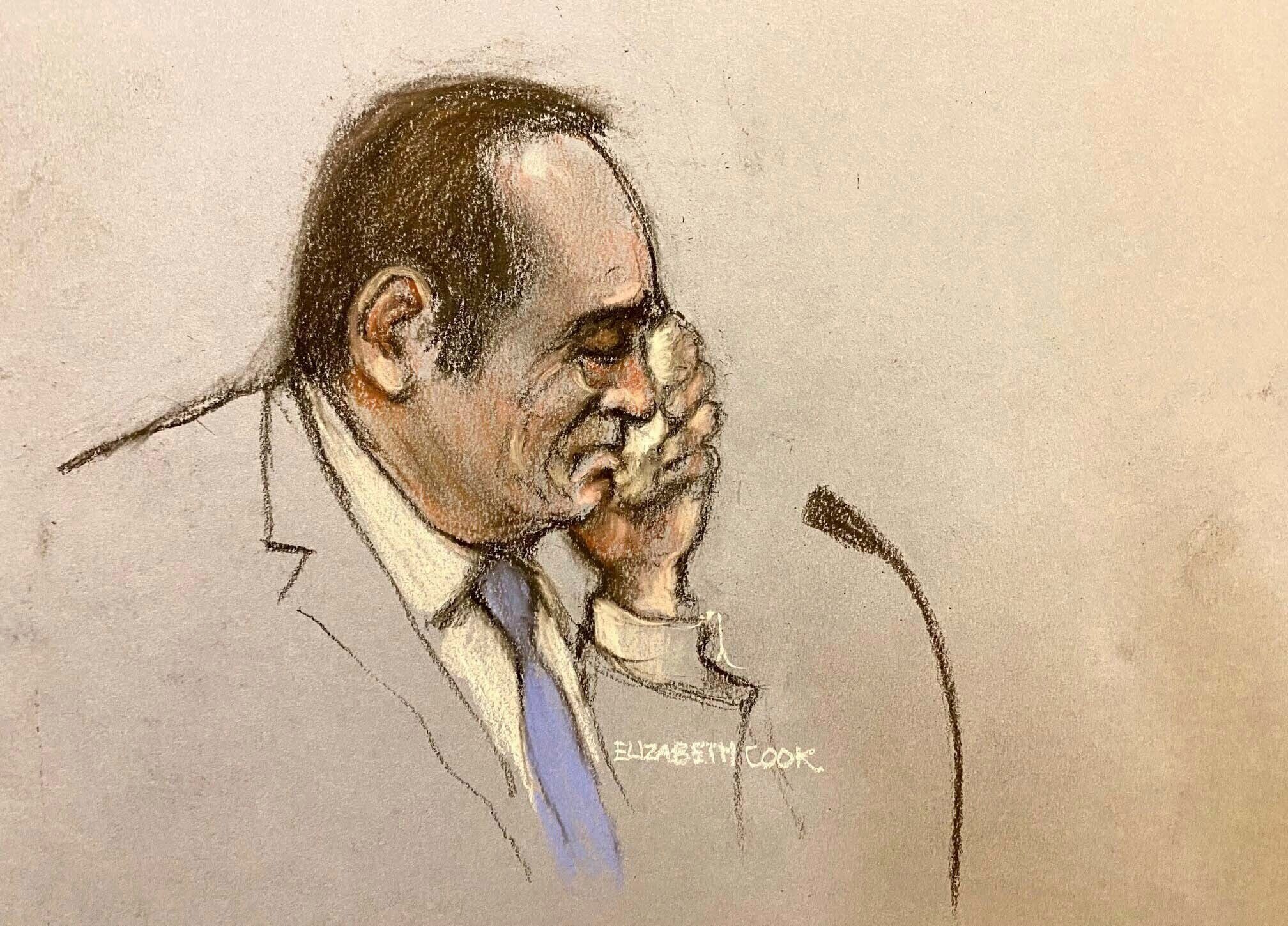 A court sketch of a man crying into a tissue